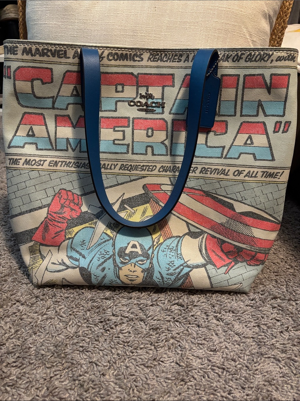 Coach Captain America Marvel Canvas Tote in Red, Blue, Cream